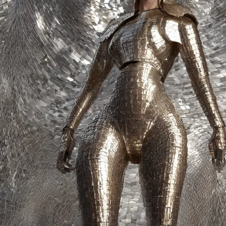 Prompt: octane render portrait by wayne barlow and carlo crivelli and glenn fabry, a giant beautiful woman wearing beautiful armor made out of shiny smooth reflective colorful iridescent metal, inside a giant massive dramatic cavernous art gallery, cinema 4 d, ray traced lighting, very short depth of field, bokeh