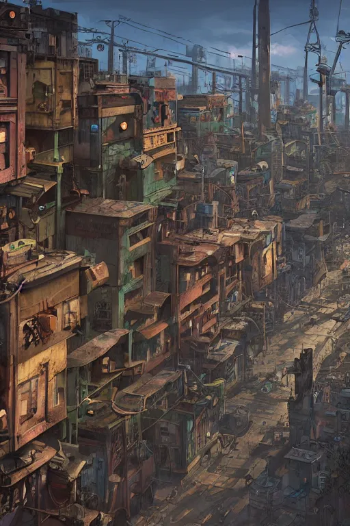 Image similar to a industrial STEAMPUNK CITY Street scenery in the FAVELAS, signs, billboards and cable Connecting MULTI LVL BUILDINGS, rendered by simon stålenhag, rendered by Beeple, Makoto Shinkai, syd meade, environment concept, digital art, starwars, raphael lacoste, eddie mendoza, alex ross, concept art, cinematic lighting, , unreal engine, 3 point perspective, WLOP, trending on artstation, low level, 4K UHD image, octane render,