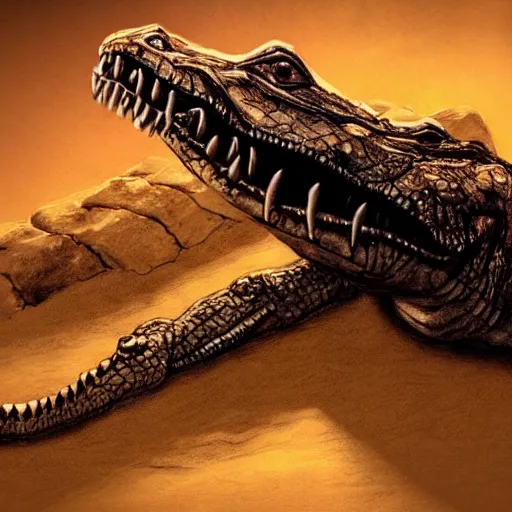 Image similar to a ( mummy ) crocodile, fantasy art, cinematic lighting