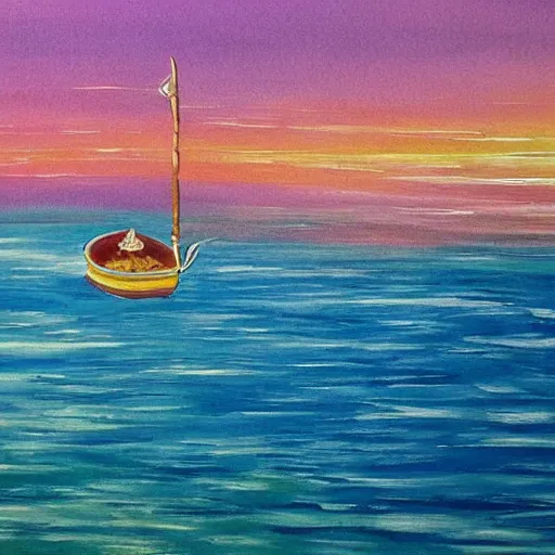 Image similar to a beautiful painting of a boat leaving the dock for paradise.