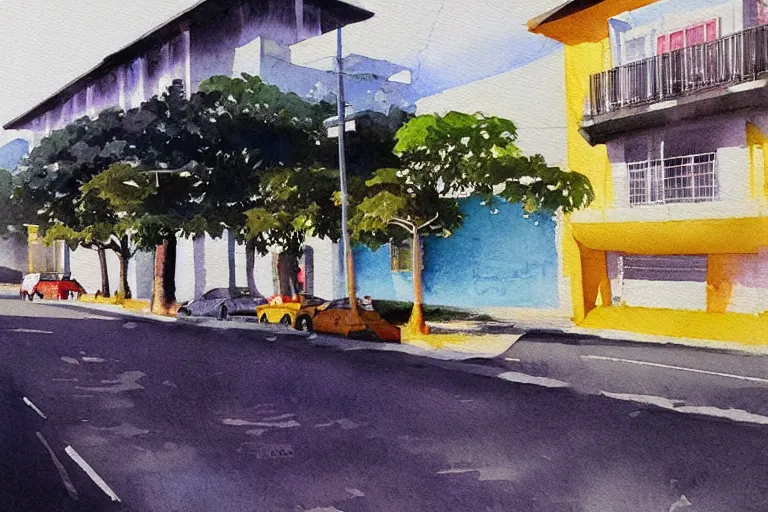 Prompt: !! watercolor!! penang road in a sunny day, artwork by tooth wu, colorful contrast, dark shadow, thick lineart