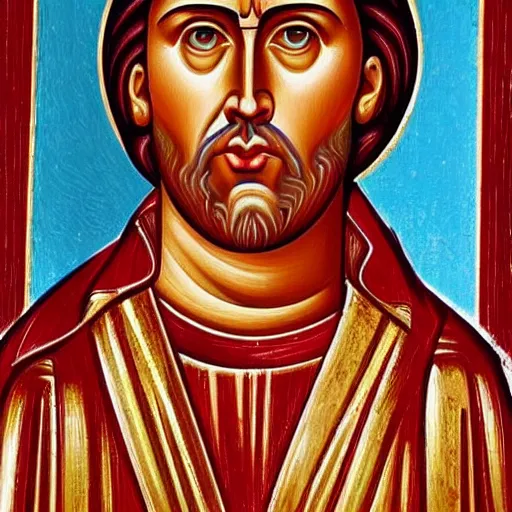 Prompt: nicholas cage, portrait, ancient byzantine icon of nicholas cage, roman catholic icon of nicholas, saintly nicholas cage, orthodox nicholas cage