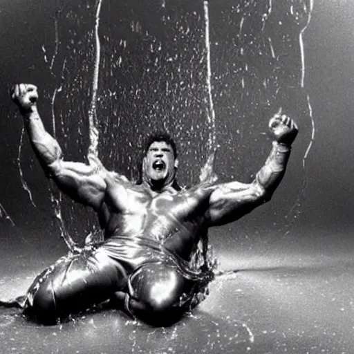 Prompt: 1 9 9 0's wwe publicity photo, a giant muscular covered in wet reflective slime man falling out of a giant cocoon onto a cement floor, screaming in agony, ultra - detailed, photorealistic