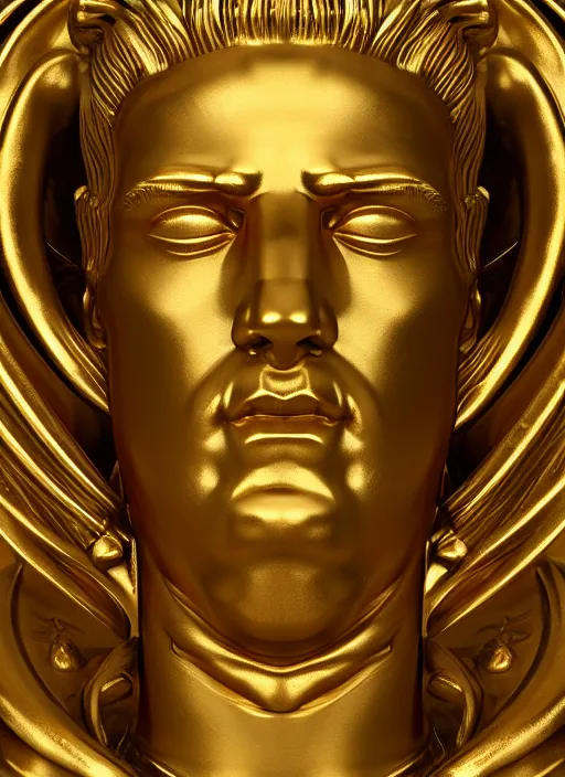 Prompt: stylized gold and black ornate statue bust made of marble of hercules, perfect symmetrical body, perfect symmetrical face, hyper realistic, hyper detailed, by johannen voss, by michelangelo, octane render, blender, 8 k