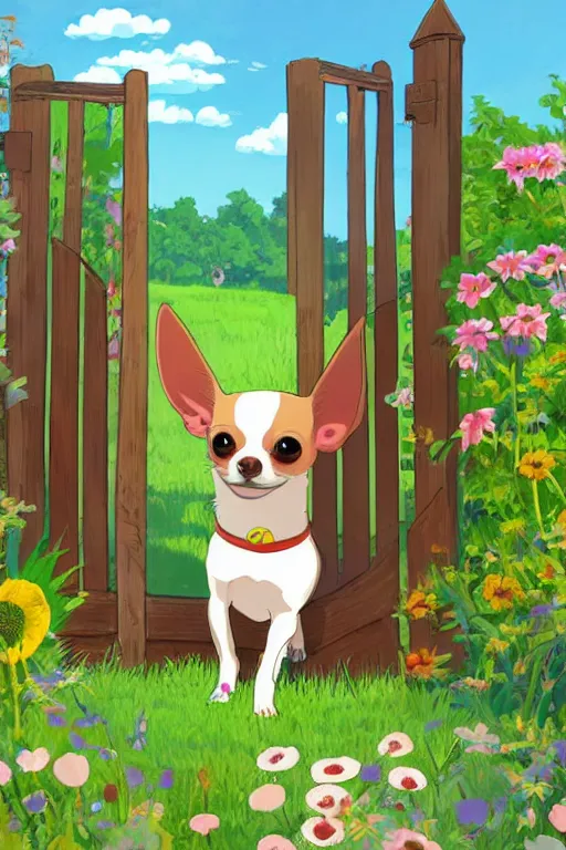 Image similar to A chihuahua looks through her garden gate, cel shaded cartoon in the style of studio Ghibli, sunny morning, cinematic lighting, summer