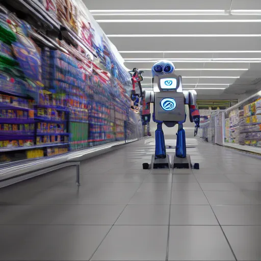 Image similar to big scary robot watches human clean up aisle at walmart digital art, 3 d high definition, trending on artstation, photorealistic, high resolution, 8 k, octane,, sharp focus, photography, unreal engine