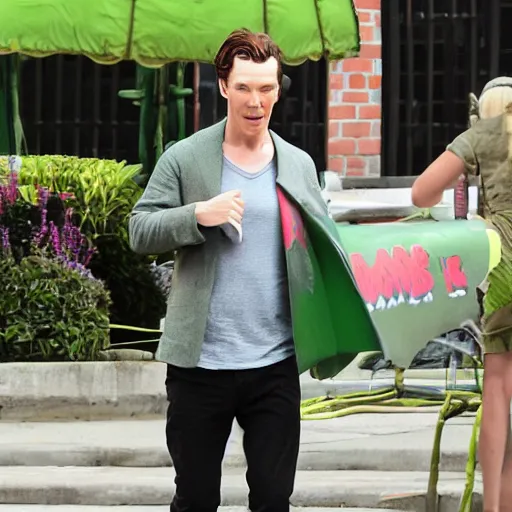 Prompt: benedict cumberbatch in a cucumber outfit