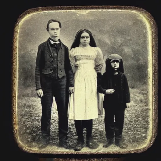 Image similar to Creepy cursed daguerreotype portrait photo of a 1800's family standing in front of house, alien abduction. Hyperrealism. Weirdcore