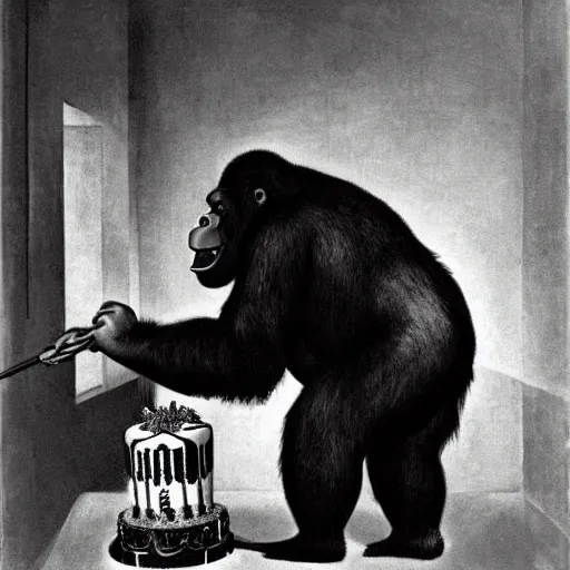 Image similar to candid of an oversized gorilla blowing out birthday candles on a cake, glowing with silver light, painting by franz marc, by jean - leon gerome, by winsor mccay, today's featured photograph, 1 6 k, character design, set design