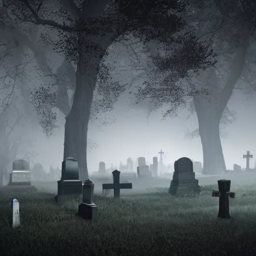 foggy cemetery at night