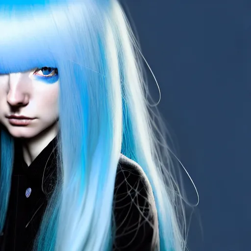 Image similar to low - angle shot from behind of a long light blue - haired girl in a blue tailcoat with a scabbard, combat boots, noir, screenshot, sharp focus, intricate, illustration, cell shaded, digital painting, highly detailed, straight hair, art by ilya kuvshinov, wlop, shutterstock, greg rutkowski, studio quality, james jean
