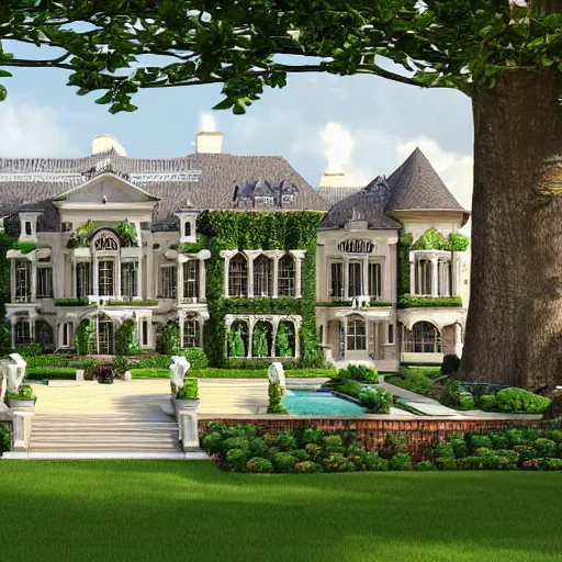 Prompt: a photorealistic and highly detailed 3 d rendering of a luxurious mansion or estate, with finely manicured gardens and a grand entrance