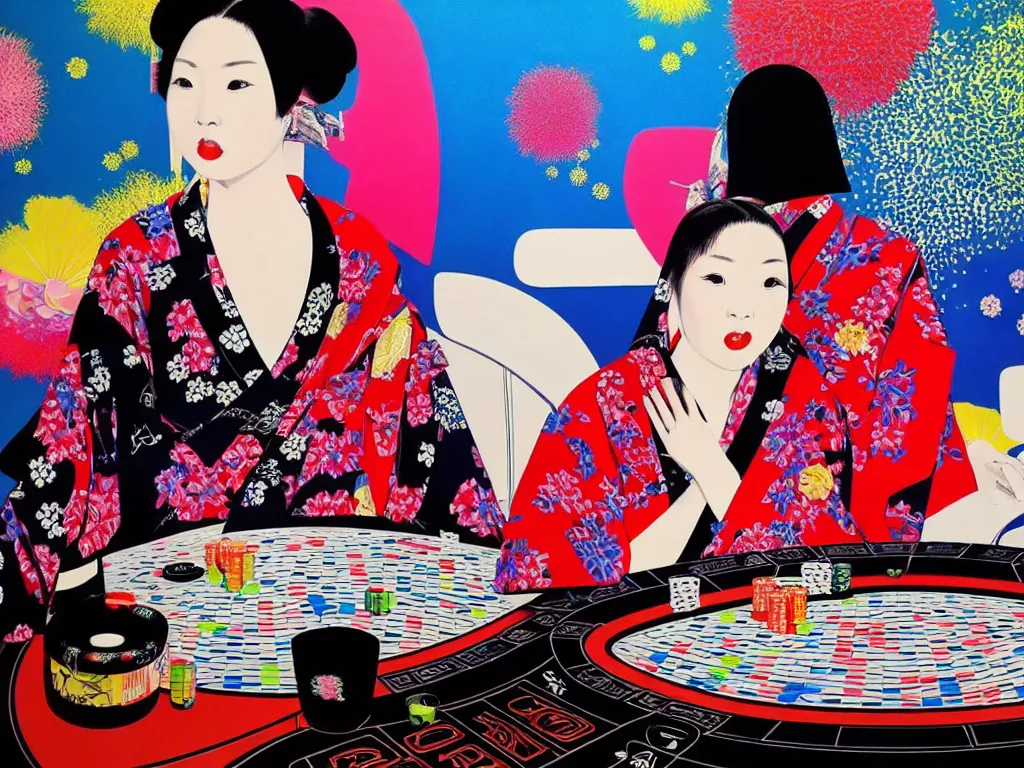 Image similar to hyperrealistic composition of the detailed woman in a japanese kimono sitting at a poker table with detailed darth vader, fireworks, beautiful mountain in the background, pop - art style, jacky tsai style, andy warhol style, acrylic on canvas