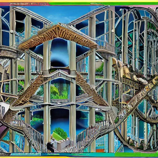 Image similar to a marvel of engineering, full color, realistic, escher, environmental, architectural, bright