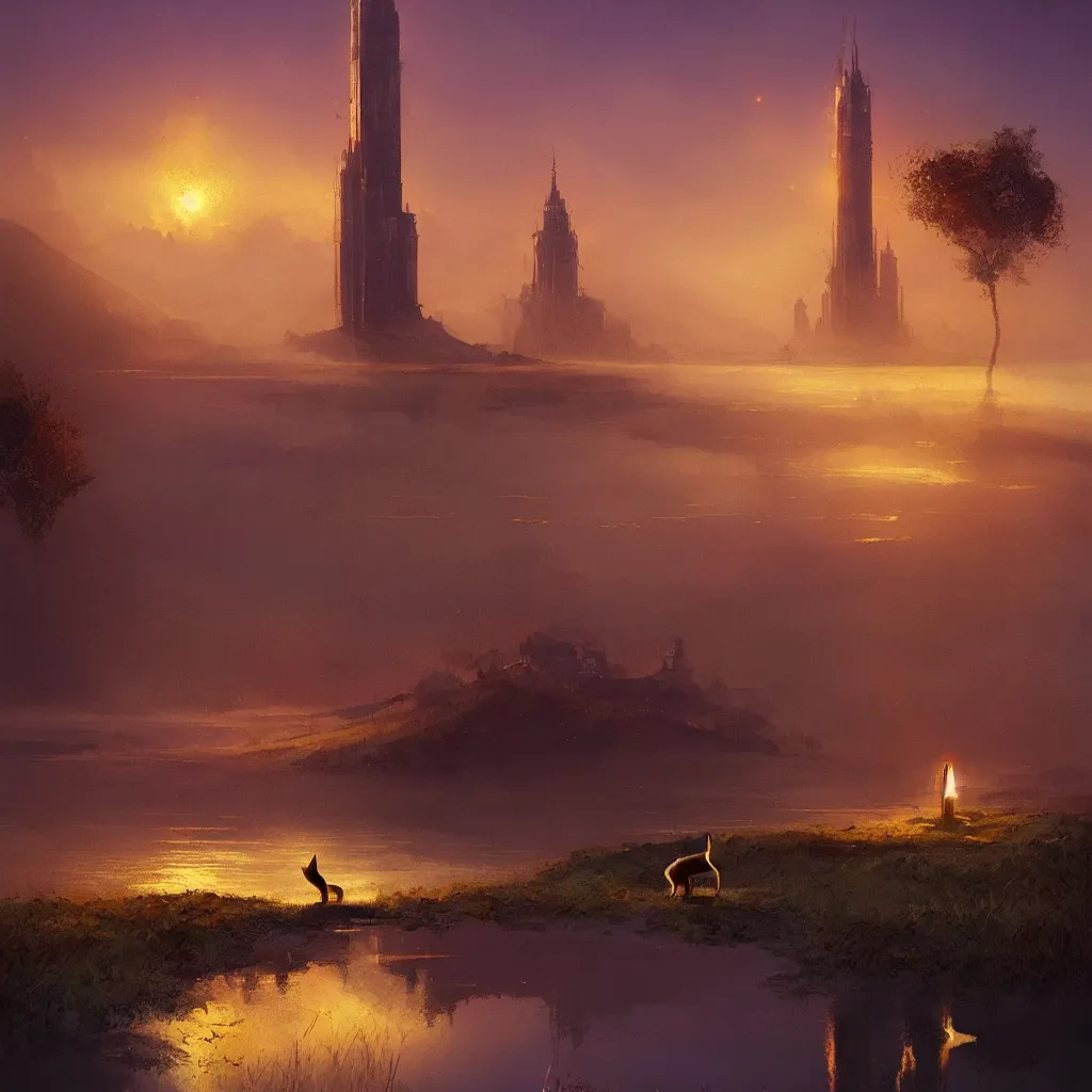 Prompt: lake filed with molten gold, volume lighting, cat on for ground and purple tower on back ground concept art, by greg rutkowski