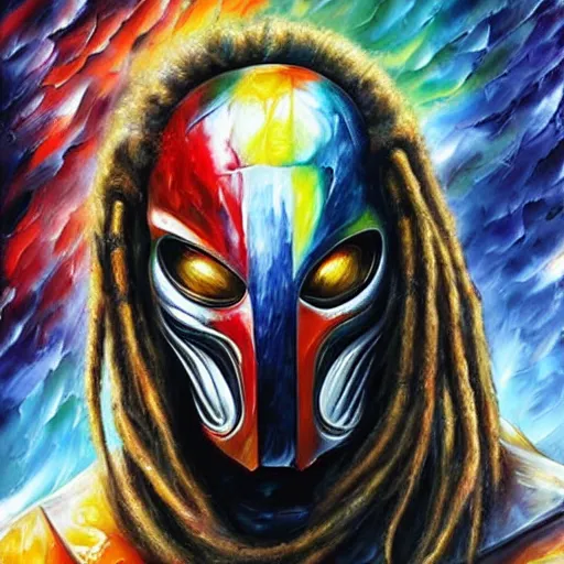 Image similar to painting of an alien with dreadlocks and high tech armor, The Predator, Yautja, by Leonid Afremov, hyperdetailed!!!!!!!!!