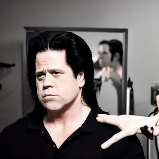 Image similar to glenn danzig sitting in front of a vanity curling his hair, high resolution,