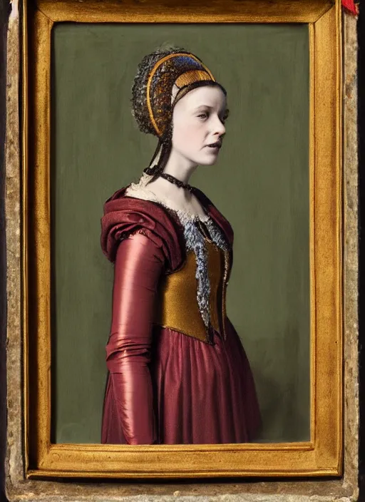 Image similar to portrait of young woman in renaissance dress and renaissance headdress, style by the ex machina