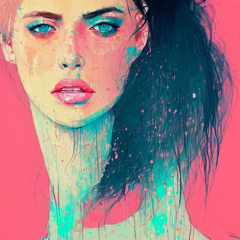 Image similar to close up portrait painting of a female in nineties street styling, concept art, intricate details, aesthetically pleasing pastel colors, art by conrad roset, impressionism, portrait