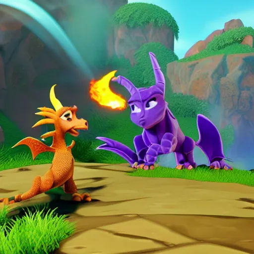 Image similar to Spyro The Dragon breathing fire at his enemy, unreal engine, video game hud,