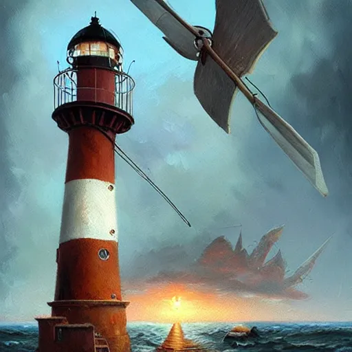 Prompt: level windmill lighthouse turbine propeller sails in Hand Crafted from composite materials by Futuristic Steampunk Savant Neurocrafter Gnomes. Painting by anato finnstark greg rutkowski Donato Giancola Jeff Simpson tombow