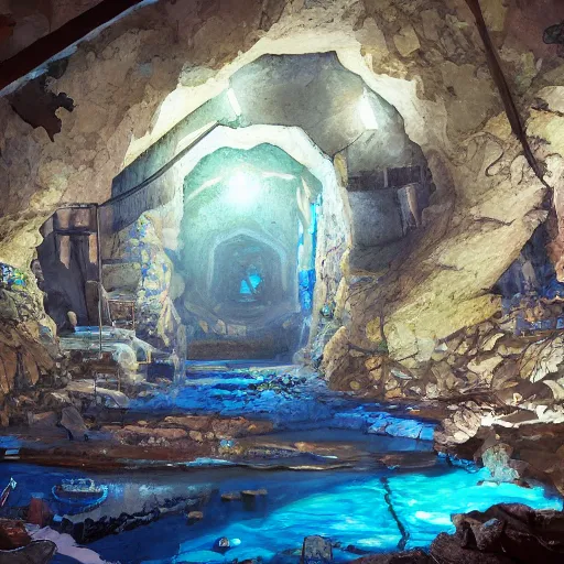 Image similar to concept art painting of inside a historic mine mineshaft cave with blue crystals, realistic, detailed, cel shaded, in the style of makoto shinkai and greg rutkowski and james gurney