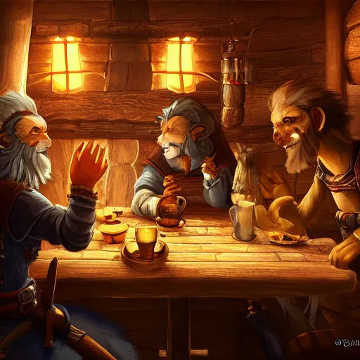 Prompt: cool cat people talking inside a tavern, fantasy art, cozy, dnd, digital art, 4 k