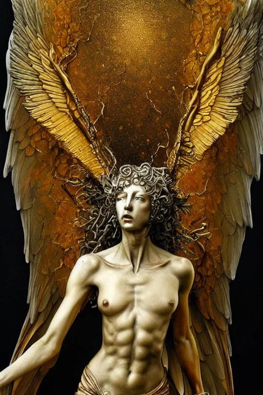 Image similar to realistic detailed statue the holy sacred mechanic angel with ethereal golden wings, made by Karol Bak, Mark Brooks and Bernini. Rich colors. Beksinski and Gerhard Richter painting. Masterpiece