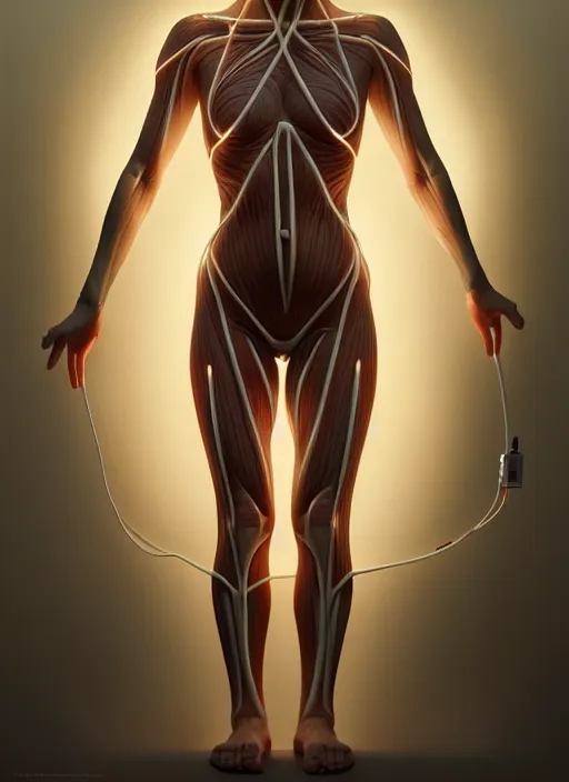 Prompt: portrait of a human diagram, human muscle medical diagram with good cable management, intricate, elegant, glowing lights, highly detailed, digital painting, artstation, concept art, smooth, sharp focus, illustration, art by wlop, mars ravelo and greg rutkowski