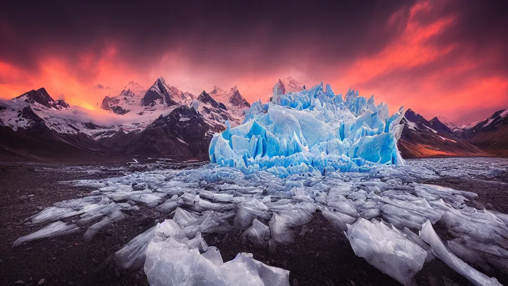 Prompt: amazing landscape photo of a glacier in sunset by marc adamus, beautiful dramatic lighting