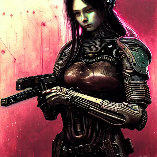 Prompt: a highly detailed long shot photo of cyberpunk female character by ayami kojima, elf, beksinski, giger, elf, wielding rifle, intricate, digital painting, artstation, concept art, smooth, sharp focus