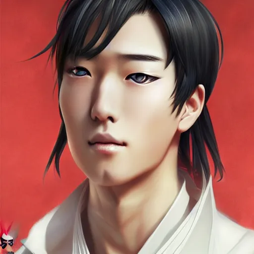 Image similar to A realistic anime portrait of a handsome japanese with a human face wearing a kimono, digital painting, by Stanley Artgerm Lau, WLOP, and Rossdraws, digtial painting, trending on ArtStation, deviantart