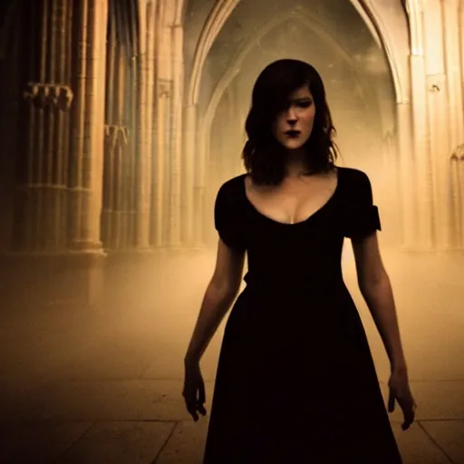 Image similar to mary elizabeth winstead as a vampire in a gothic cathedral at night, gloomy, cinematic, ground mist, volumetric light.