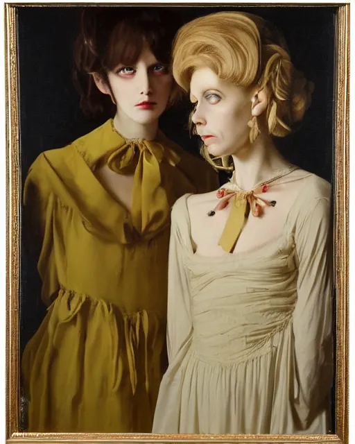 Prompt: a beautiful and eerie baroque painting of two beautiful but creepy siblings wearing vivienne westwood collars in layers of fear, with haunted eyes and dark hair, 1 9 7 0 s, seventies, wallpaper, a little blood, morning light showing injuries, delicate embellishments, painterly, offset printing technique, by brom, robert henri, walter popp