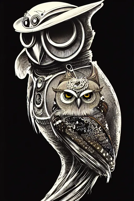 Image similar to side view of a ancient alchemist steampunk owl, high details, lineart, by vincent di fate and joe fenton,, inking, screen print, masterpiece, trending on artstation, sharp, high contrast, hyper - detailed, hd, 4 k, 8 k