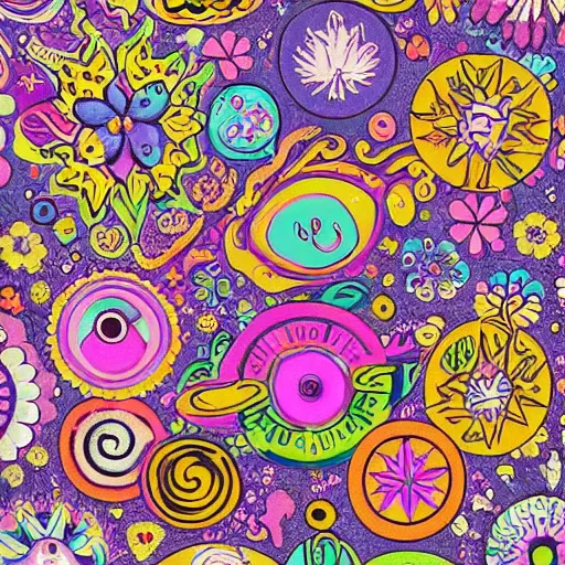 Prompt: Groovival aesthetic, Liminal space in outer space, hippie motifs, flower power motifs, 60s motifs and nostalgia