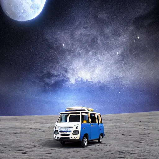 Image similar to a dark blue tuk tuk traveling on the surface of the moon, moon craters, night sky, milky way, hard lighting, matte painting, concept art, 4k