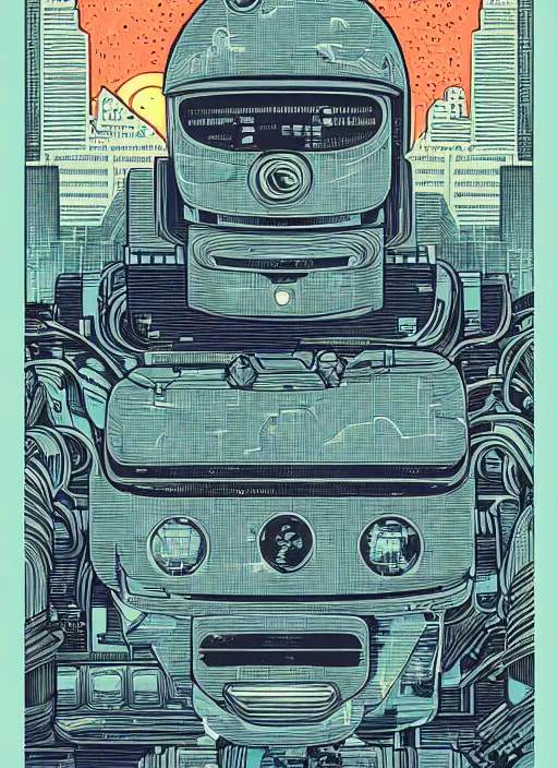 Image similar to an illustration of a portrait of a robot by dan mumford