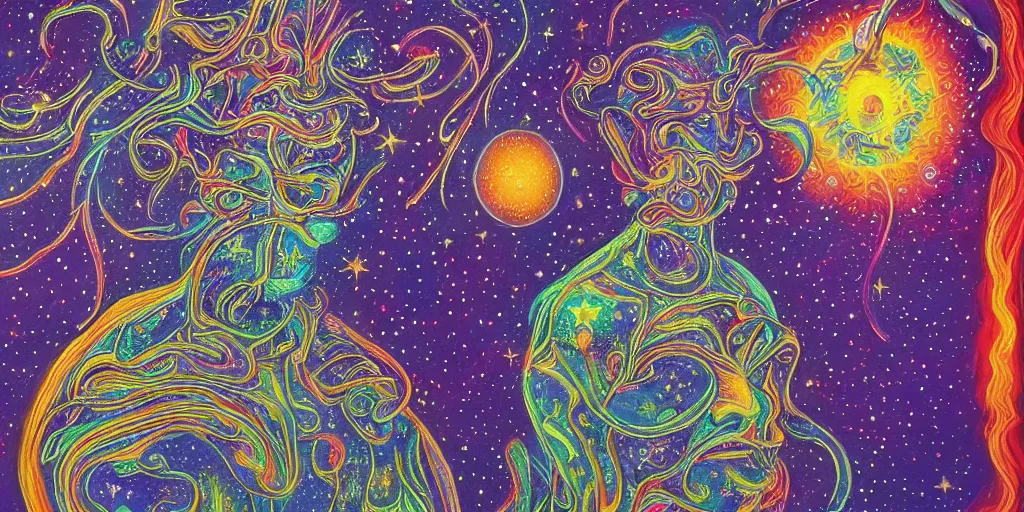 Image similar to a beautiful cosmic detailed painting of an spiritual mystic man in a new world with strage but beautiful beings and psychedelic surreal forms