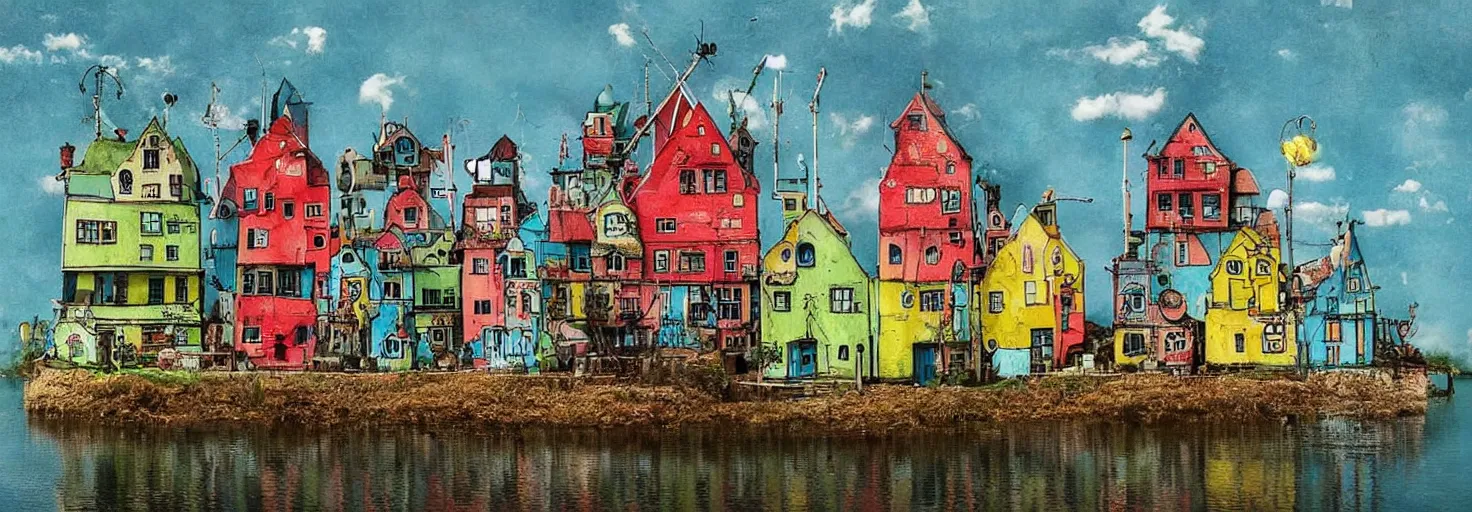 Prompt: quirky surreal naive houses painted by alexander jansson, bright colors.