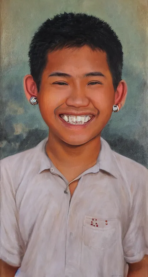 Image similar to oil portrait of one teenage chubby filipino boy smiling with crooked teeth, with a curly perm, and with small studded earings, 4 k, photorealistic, high detail