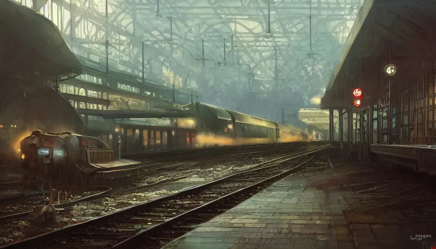 Prompt: Dieselpunk railway station, steam, epic composition, diesel trains, intricate, elegant, volumetric lighting, digital painting, highly detailed, artstation, sharp focus, illustration, concept art, ruan jia, steve mccurry