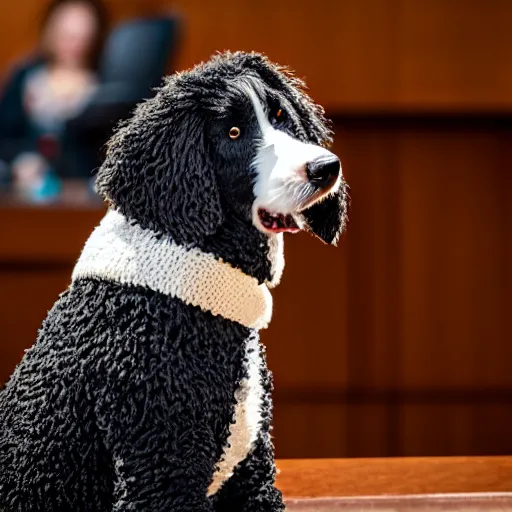 Image similar to a closeup photorealistic photograph of a smiling knitted bernedoodle judge dog dressed in a black gown, presiding over the courthouse. indoors, professional capture, well lit shot. this 4 k hd image is trending on artstation, featured on behance, well - rendered, extra crisp, features intricate detail, epic composition and the style of unreal engine.