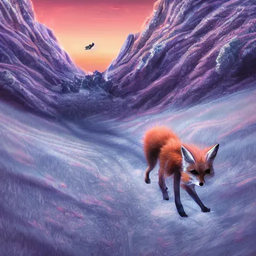 Image similar to alien ice fox walking through mountains, amazing landscape, 8k, digital art