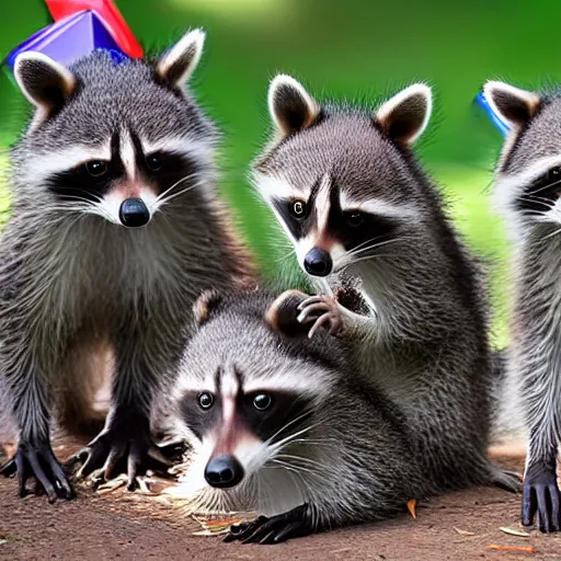 Image similar to three racoons having a cool birthday party, photo, highly detailed