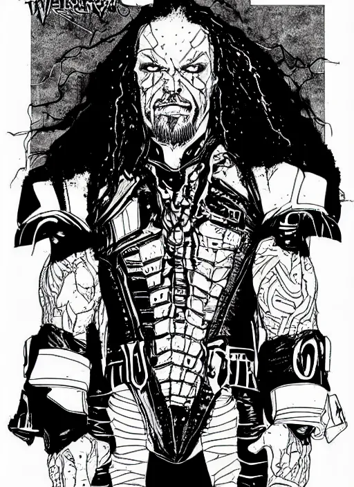 Image similar to the undertaker cyborg, portrait, cyberpunk 2 0 2 0 manual, by steampoweredmikej, inktober, ink drawing, black and white, coloring pages, manga, highly detailed