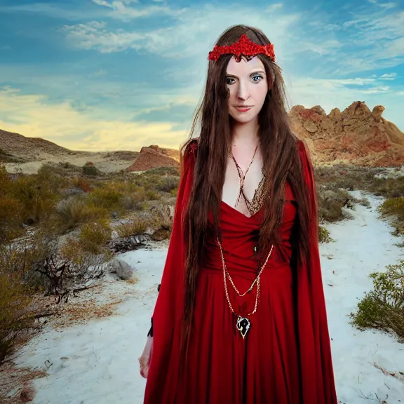 Image similar to Portrait of a young half elven woman with a beautiful red dress, lots of jewelry, Blonde long hair. freckels in hee face. Desert Hills in the background. Sharp Image. Detailed digital art.