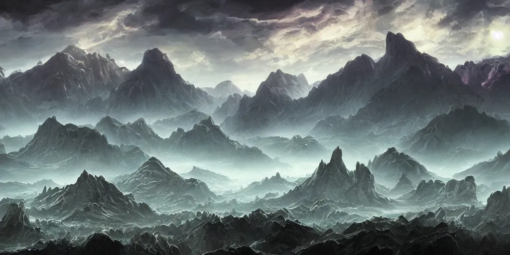 Image similar to The eldritch landscape with mountains in the background, Sci-Fi fantasy desktop wallpaper, painted, 4k, high detail, sharp focus