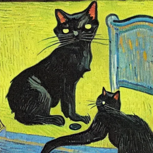 Prompt: black cat with one eye stealing pancakes oil painting by vincent van gogh