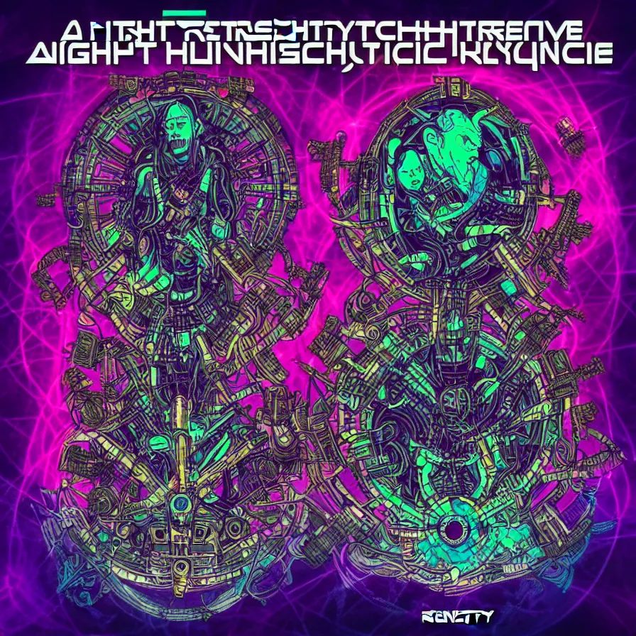 Image similar to a hightech psytrance album covervdesigned by rustypsyfly fir blackout records